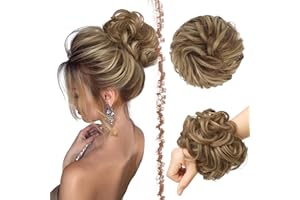 FESHFEN Moños Postizos, Natural Rizado Ondulado Postizo Moño Sintético Extensiones de Cabello Pelo Desordenado Coleta Postiza para Mujer 55g, Marrón & Rubio