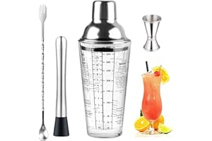 HUAMIRRA Cocktail Shaker, 400 ML Shaker Glas mit Eingebautem Sieb, 4 Teilig CocktailShaker Set, Enthalten CocktailShaker Becher, Messbecher, Zerdrücktes Eis am Stiel, Löffel, für Haus, Bar, Party