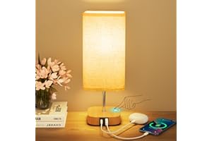 Suright Bedside Lamps, Touch Lamps Bedside with USB A+C Charging Ports, Stepless Dimmable Table Lamp, Small Lamp for Bedroom Living Room, with Linen Fabric Shade (LED Bulb Included)