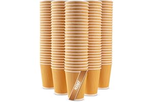 FOOGO Green 50pcs 12oz Disposable Strong Triple-Wall Brown Paper Coffee Cups, FSC® Certified, Fully Compostable, for Hot Drinks, Heat-Resistant Ripple Design, Takeaway Coffee Cups, Party