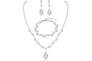 Adramata Juego de Joyas para Novia para Mujer Cristal Collar Pulsera Pendientes de Lágrima Plata Conjunto Collar y Pendientes Fiesta de Graduación Compromiso Boda Joyería para Dama de Honor