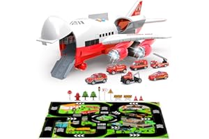 ORTCI Veluoess Transport Flugzeug Spielzeug, Flugzeugspielzeug mit 6 Mini-Feuerwehrwagen und Szenenspielmatte Auto Flugzeug Spielzeug für Kinder 3+
