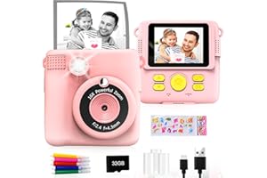 GKTZ Appareil Photo Instantané - 1080P HD 0 Ink Instant Print Photo - Cadeau pour Fille 3-8 Ans - Jouet Portable pour Enfants avec 3 Rouleaux de Papier Photo, 5 Stylos de Couleur, Carte 32GB - Rose