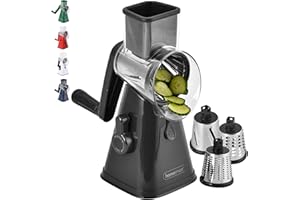TJC Rotary Cheese Grater Handheld Vegetable Slicer with 3 Stainless Steel Drum Blades - Carrot Grater for Kitchen - Slicer Shredder for Cucumber & Nuts - Strong Suction Base & Easy to Use - Black