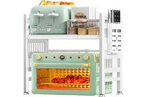 NLMWTI 2-Tier Expandable Microwave Shelf, Adjustable Microwave Shelf with Knife Holder, 6 Hooks, Microwave Holder Made of Carbon Steel, Flexible, Extendable from 40-65 cm