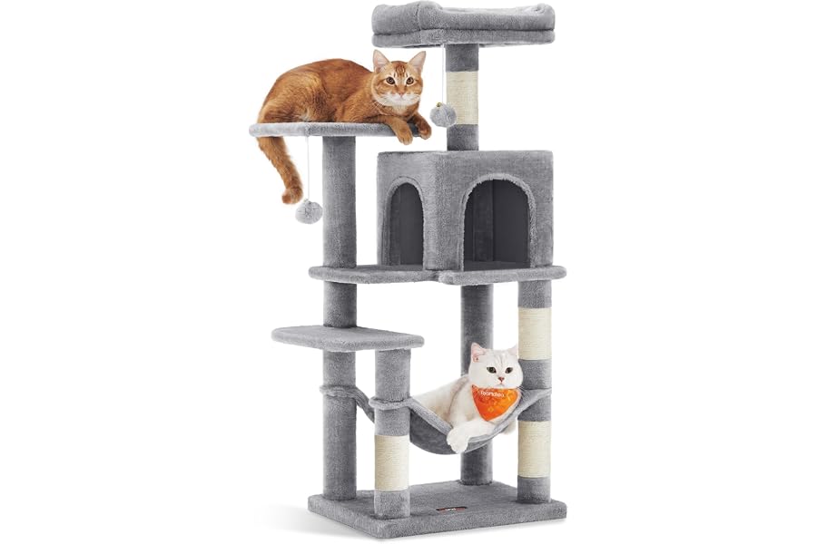 Feandrea Árbol para Gatos, Altura 112 cm, Torre de Gatos, con 4 Postes Rascadores, 2 Plataformas, 1 Cueva, 1 Hamaca, 2 Pompon