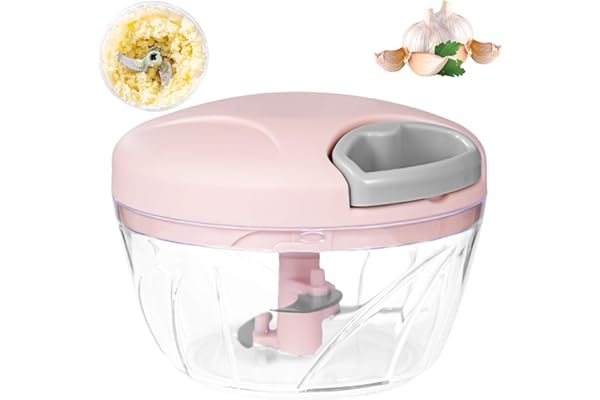 Hachoir Oignon Manuel, Presse Ail 520ML de 3-Lames, Pour Oignon Salade,Pesto, Persil, Saucisson/Machine à Couper Noix, Vanille, Aliments pour Bébés (Rose)