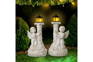 JUMRHFAN 1 Paire de Figurine d’Ange de Jardin avec des lumières solaires, Une Statue d’Ange chérubin en résine Solaire avec Pilier Roma pour la décoration de Jardin, Porche, Patio, Cour (Style 1)