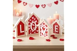 OLANRUN Valentines Day Decorations, 4 Pcs Valentine Decor 3D Wood House Shape Signs, Red and Pink Wooden Valentines Decorations Indoor for Home, Table, Tiered Tray, Mantel, Office, Shelf