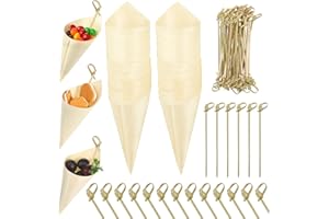 NUENEN 100 Conos de Comida Conos de Degustación de Madera 5 Pulgadas con 100 Palillos de Cócteles de Bambú, Cono de Madera Desechable Soporte de Helados Aperitivos Comida para Picar para Fiesta de Hogar