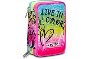 Seven Astuccio 3 Scomparti Scuola, Colour Expression, Multicolore, Completo di Matite, Pennarelli etc, Bambini e Ragazzi