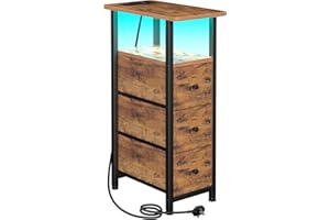 LOAKEKEL Slim Bedside Table with Charging Station, Narrow Side Table with LED Light, Sofa Table with 3 Fabric Drawers, End Table, Nightstand for Small Spaces, Living Room, Rustic Brown UHETNDP03PLBR-1