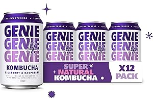 GENIE LIVING DRINKS | Blueberry & Raspberry Kombucha drink | Adult Soft Drinks, Fermented 10 Days for Gut Health, 100% Vegan, No Sweeteners, No Nasties, UK made, Natural Energy, 12 x 330ml Cans