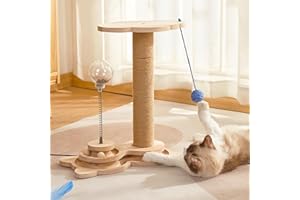 TOTHDATE 4 IN 1 Scratching Posts for Indoor Cats, Wooden Cat Treat Toy with Hanging Ball Track Ball Leaky Food Ball Interactive Cat Toy for Indoor Cats Kittens