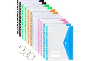 TOOELMON Dokumententasche A4, 12 Stück Transparent Dokumentenmappe A4 zum Abheften, Erweiterbare Wasserdicht Dokumenten Mappen Abheftbar mit Druckknopf, 6 Farben