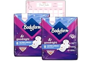 Body Form Ultra Goodnight Sanitary Towels with Wings, 16 (8 x 2 Packs) Period Pads for Night use, Super Heavy Flow, Cour-V Ultra Night wtth Caliko Period Tracker
