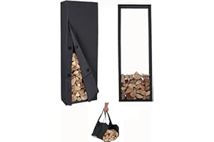 Lendo Online Kaminholzregal mit wasserdichte Schutzabdeckung + Tragetasche - Innen und Außen - Feuerholzregal - Brennholzregal - Holzaufbewahrung - Metall (50x25x148cm)