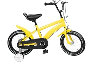 KUMUJ Rower dziecięcy z kołami podporowymi, 14", dla chłopców i dziewczynek, dla dzieci od 3-6 lat, rower dziecięcy, pojazdy szkoleniowe, możliwość ustawienia 56 cm na wysokość 67 cm (żółty)