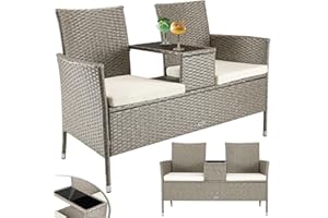 BAKAJI Panchina da Giardino in Polyrattan con Tavolo Integrato e Cuscini, Panchina 2 Posti da Esterno Resistente Ai Raggi UV e alle Intemperie, Panca Divano Ripiano Vetro 123 x 54 x 82.5 cm (Crema)