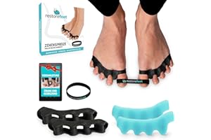 ‎RESTOREFEET RestoreFeet Zehentrenner mit Anti-Hallux Valgus Band – 2 Paar (schwarz + hellblau) + schwarzes Band – Packung mit Video Guide Übungen – Silikon 0% BPA Herren Damen