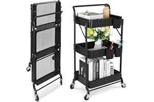johgee Foldable 3 Tier Metal Utility Rolling Cart, Folding Mobile Multi-Function Storage Trolley Organizer Cart for Home Library Office(Foldable-Black)