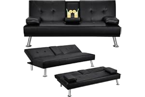 Yaheetech Divano Letto con 2 Braccioli Staccabili Divano Trasformabile Mobile Imbottito a 3 Posti Divanetto Reclinabile da Salotto con Supporto Centrale Porta Bicchieri Nero/Finta Pelle