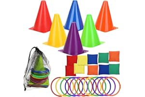LACRIS 3 in 1 plastic cones toss game set with beanbags, outdoor throwing colorful ring toss cones, soft plastic Carnival set, birthday party activities inside and outside for kids