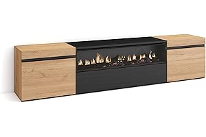 Skraut Home | Mobile TV Soggiorno | Ampio spazio a disposizione | 200x45x35cm | Per TV fino a 80" | Camino elettrico | Stile moderno | Rovere e nero
