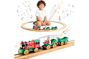 UBJUBT Battery Trains for Wooden Track, Electric Train for Wooden Track Set with 1 Santa Claus Doll and 2 Carriages 1, with Lights, Music, Train Set for 3 Year Old Boys