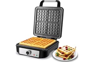 Tiastar Gaufrier Belge, Gaufrier Carré Antiadhésif 4 tranches, Gaufrier Anti-débordement avec 5 Boutons de Brunissage, 1200W, Voyants Lumineux