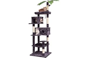 JISSBON 193cm Cat Tree for Indoor Cats, Multi Level Cat Tower with Scratching Posts, Large Plush Perch & Cat Condo with Leaves for Kittens, Adult Cats, Grey