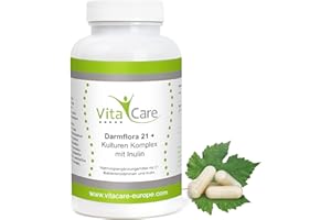 ‎VITACARE Vitacare Darmflora 21+, 180 Kapseln mit 21 Bakterienkulturen, vegan & magenresistent,Kulturenkomplex mit Inulin, 21 Bakterienstämme mit Präbiotikum