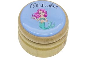GICO Milchzahndose, Zahndose Milchzähne Bilderdose mit diversen Motiven aus Holz für Jungen und Mädchen mit Drehverschluss 44 mm (Meerjungfrau)