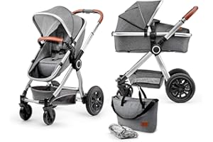 Kinderkraft Wielofunkcyjny Wózek Dziecięcy VEO 2w1, Spacerówka, System podróżny, Stylowa torba i Akcesoria w zestawie, 2 Kierunki jazdy, Amortyzowane koła i stelaż, do 3 lat, Szary
