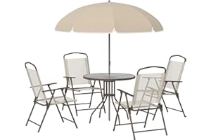 Outsunny 6 Piece Garden Dining Set with Umbrella, Patio Sets with Parasol with 4 Folding Dining Chairs & Round Tempered Glass Table, Beige
