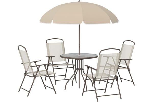 Outsunny Ensemble Salon de Jardin 6 pcs - Table Ronde + 4 chaises Pliables + Parasol - Acier époxy café textilène Polyester Beige