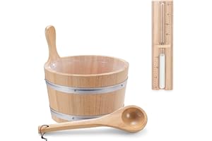 Navaris Accessoire de sauna - Set avec seau 5L et louche en bois sablier minuteur hammam spa sauna - Kit d'accessoires en bois d'afrique