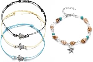 Liitata 4 Pcs Beach Turtle Anklet Set Starfish Anklet Adjustable Boho Turtle Ankle Handmade Layered Rope Anklet for Women Girls