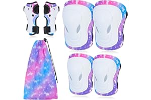 Ausletie Knee Pads for Kids Elbow Pads Wrist Guards, 7 in 1 Protective Gear Set with Drawstring Bag for Girls Skateboard Roller Skating Scooter Cycling, 3-8 Years