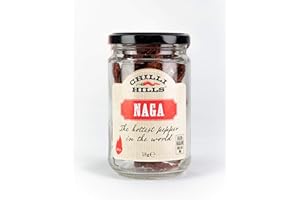 Chilli Hills NAGA aka Ghost Pepper Dried Hot Chili Peppers. Worlds Finest and Hottest Chillies Grown in Our Family Farm and Precisely dehydrated to Preserve The Flavour. 18 Grams in a Glass Jar