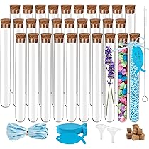 CYIOU 30 Pièces Tube A Essai Plastique 30ml (20x150 Mm) Tube à Essai Avec Bouchon Liège + 35 Pcs étiquettes + 10m Ruban + 2 Pcs Entonnoirs En Plastique Tube Plastique Transparent