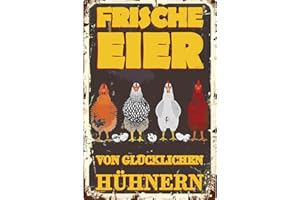 PUJEKNM Hühnerstall Draußen Blechschild-frische Eier glückliche Hühner Metallschild,Lustiger Metallschilder Vintage Schild Hühnerstall Zubehör Outdoor Deko(30x20cm)