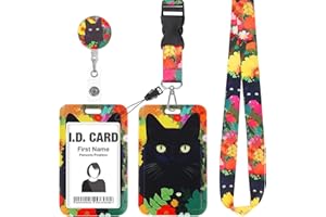 Giantree Etui na dowód osobisty ze smyczą na klucze, chowany czarny kot kwiatowy uchwyt na plakietkę z rolkami, zdejmowana odznaka, smycz na szyję, smycz crossbody, pasuje do kluczy, biura, szkoły