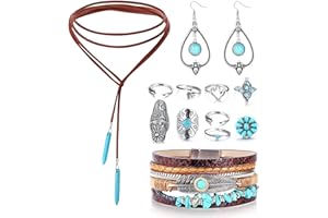 ORAZIO 13 sztuk turkusowych zawieszek w stylu boho z zamszu, długi naszyjnik typu choker, vintage, turkusowe, kolczyki w stylu boho, bransoletki do mankietów z możliwością układania w stos, zestaw dla