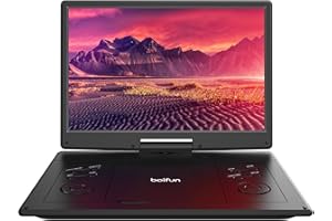Tragbarer DVD-Player (15,7 Zoll) mit 14,1 Zoll großem HD-Bildschirm, 6 Stunden Akkulaufzeit, unterstützt USB/SD-Karte/Sync-TV und mehrere Disc-Formate, Doppellautsprecher, Schwarz, Boifun