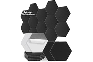 Ezcasch 24 Pièces Panneaux Acoustiques Autocollants Hexagonal, Isolation Phonique Mur, Panneaux Muraux Insonorisés Auto-adhésifs Haute Densité pour Bureaux/Studios/Maison/Mur 30x26x0,9cm,Noir