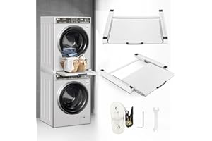 Fiqops Rama do zabudowy z wysuwaną płytą do suszarki i pralki, uniwersalna rama łącząca pralkę z półką, rama do zabudowy do pralki i suszarki, kosz na pranie, biała