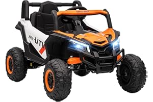 AIYAPLAY Coche Eléctrico para Niños 12V, Coche de Batería UTV con 2 Motores, Control Remoto 2,4G, Velocidad hasta 7 km/h, Sistema de Suspensión, Faros, USB, para Niños de +3 Años, Naranja