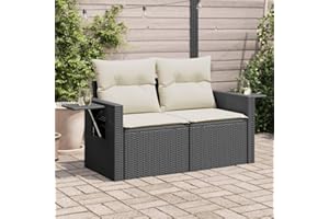 IKAYAA Sofá Jardín 2 Plazas de Ratán con Almacenamiento, Sofas Terraza, Sofá de Exterior 2 Plazas, Muebles de Terraza con Cojines Acolchados, Sofá para Jardín Patio Terraza Negro y Crema