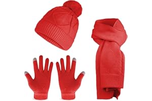 JYZPJ Winter Beanie Hat Scarf Touch Screen Gloves 3 in 1 Set for Women Girls Ribbed Knit Red and pink Hat